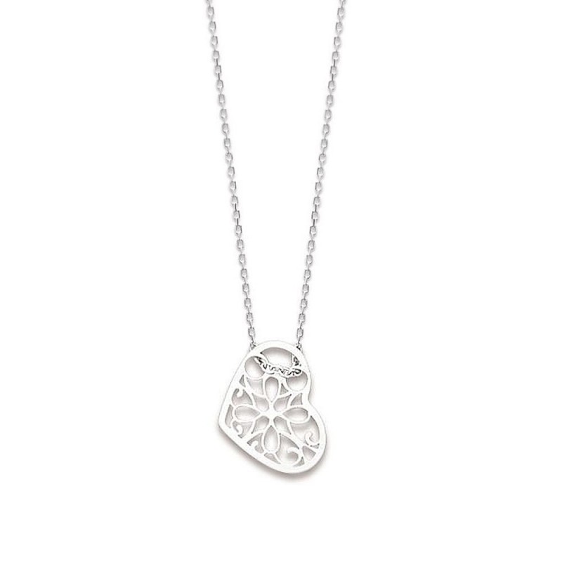 Collier coeur ajouré arabesque fleur Argent 925 Rhodié