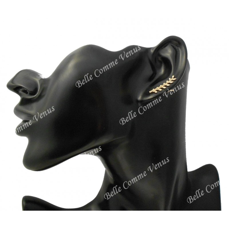 Boucles d'oreilles grimpantes contour de lobe feuille de laurier Plaqué or 750 3 microns
