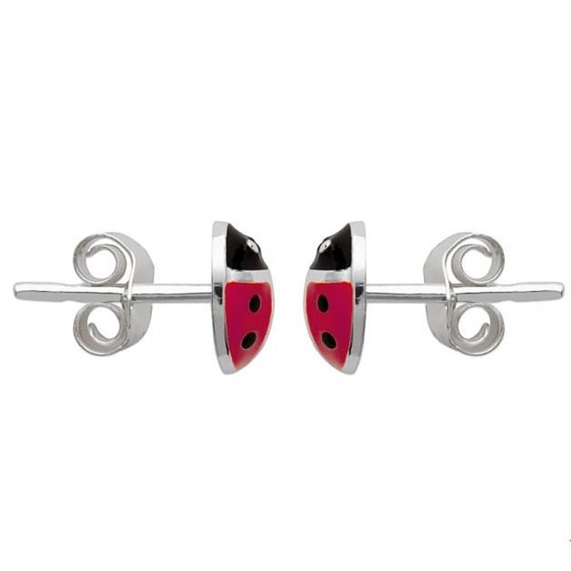 Boucles d'oreilles coccinelle émail rouge et noir Argent 925 Rhodié