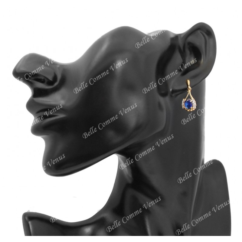 Boucles d'oreilles goutte oxyde de zirconium bleu roi Plaqué OR 750 3 microns 2 tons