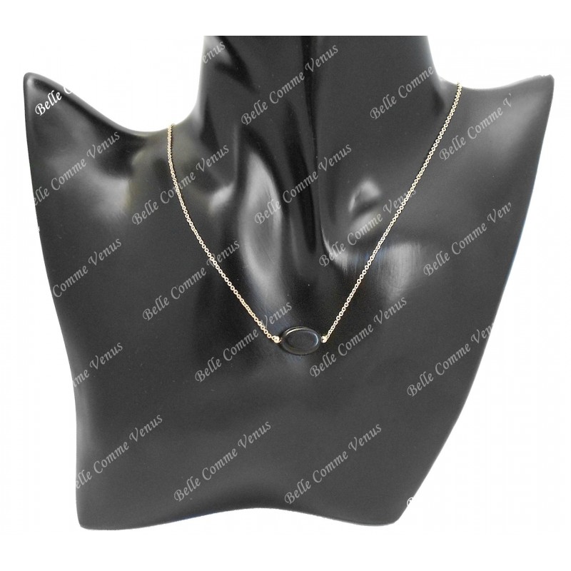 Collier agate pierre naturelle noire ovale Plaqué OR 750 3 microns