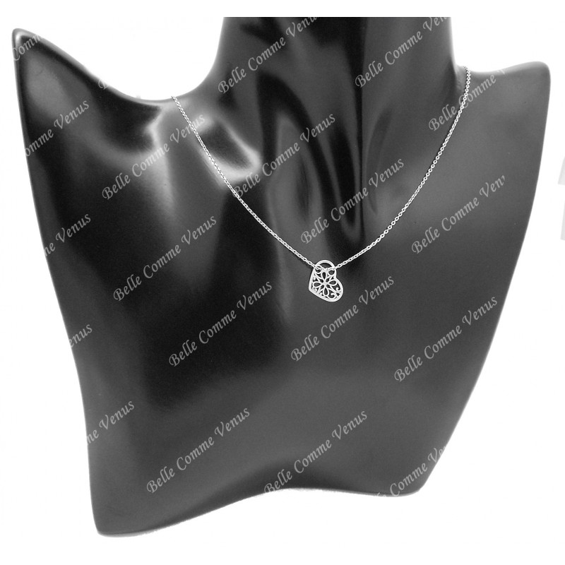 Collier coeur ajouré arabesque fleur Argent 925 Rhodié