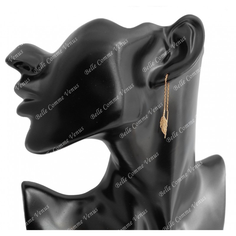 Boucles d'oreilles traversantes chaînes avec plume tombante Plaqué or 750 3 microns