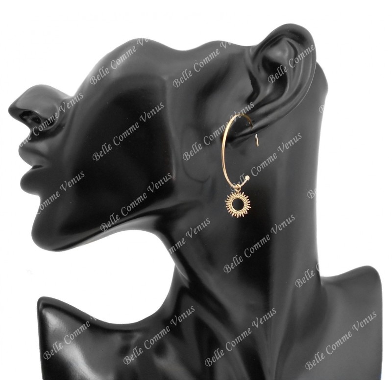Boucles d'oreilles créole soleil pendant Plaqué or 750 3 microns
