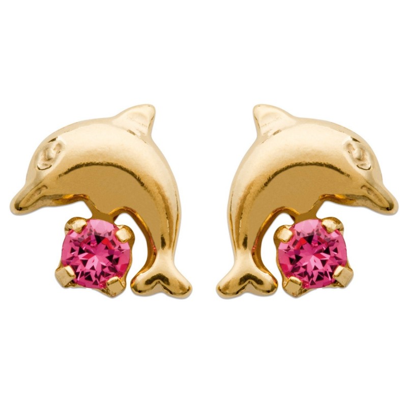 Boucles d'oreilles dauphin cristal rose Plaqué OR 750 3 microns