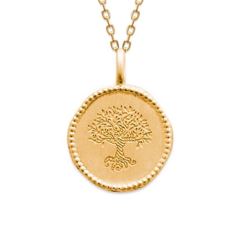 Collier pendentif arbre de vie médaille ronde Plaqué OR 750 3 microns