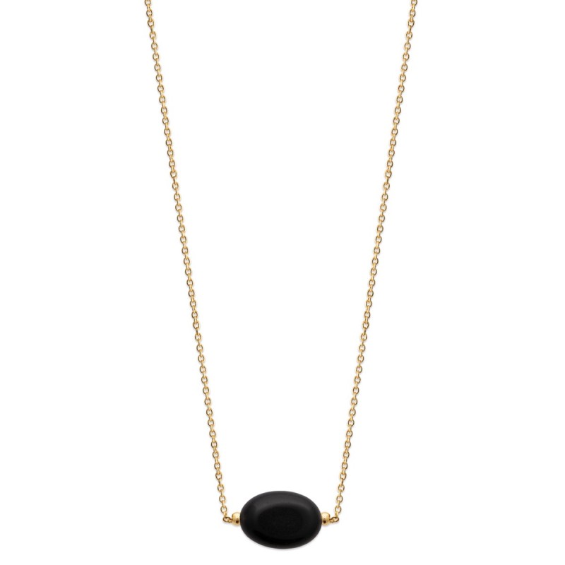 Collier agate pierre naturelle noire ovale Plaqué OR 750 3 microns