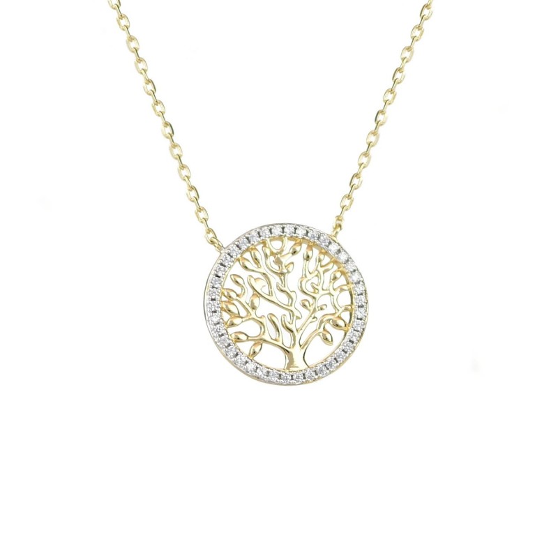 Collier arbre de vie cercle serti d'oxyde de zirconium Plaqué OR 750 3 microns Collier arbre de vie cercle serti d'oxyde de zirconium Plaqué OR 750 3 microns