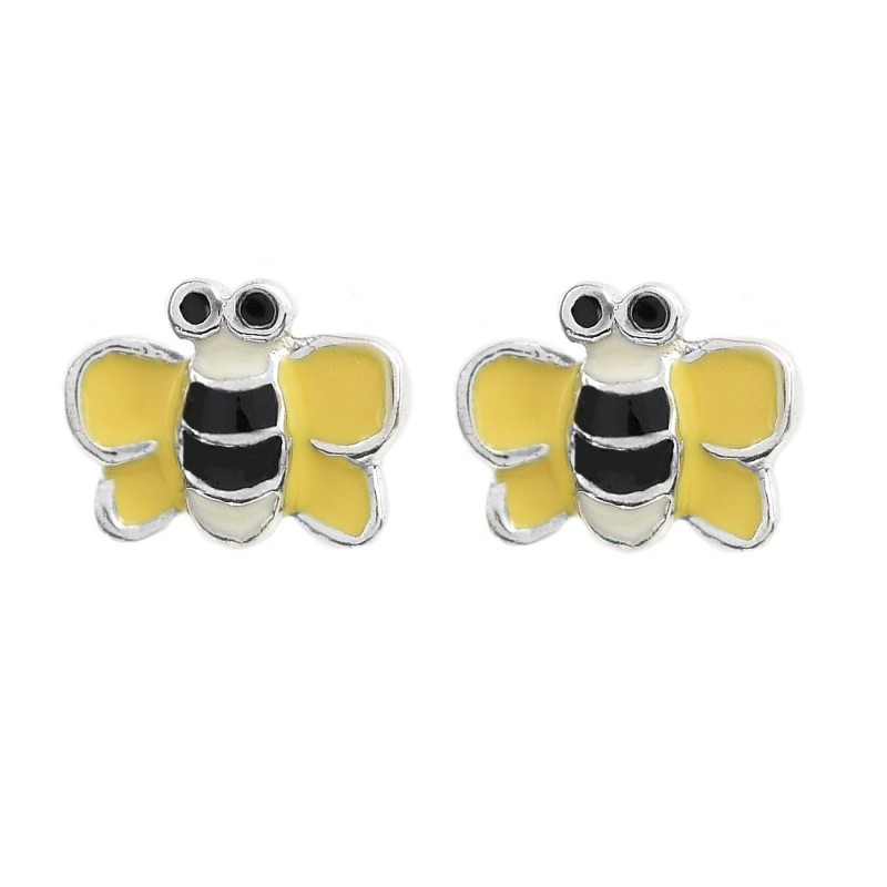 Boucles d'oreilles petite abeille émail jaune, noir et blanc Argent 925 Rhodié