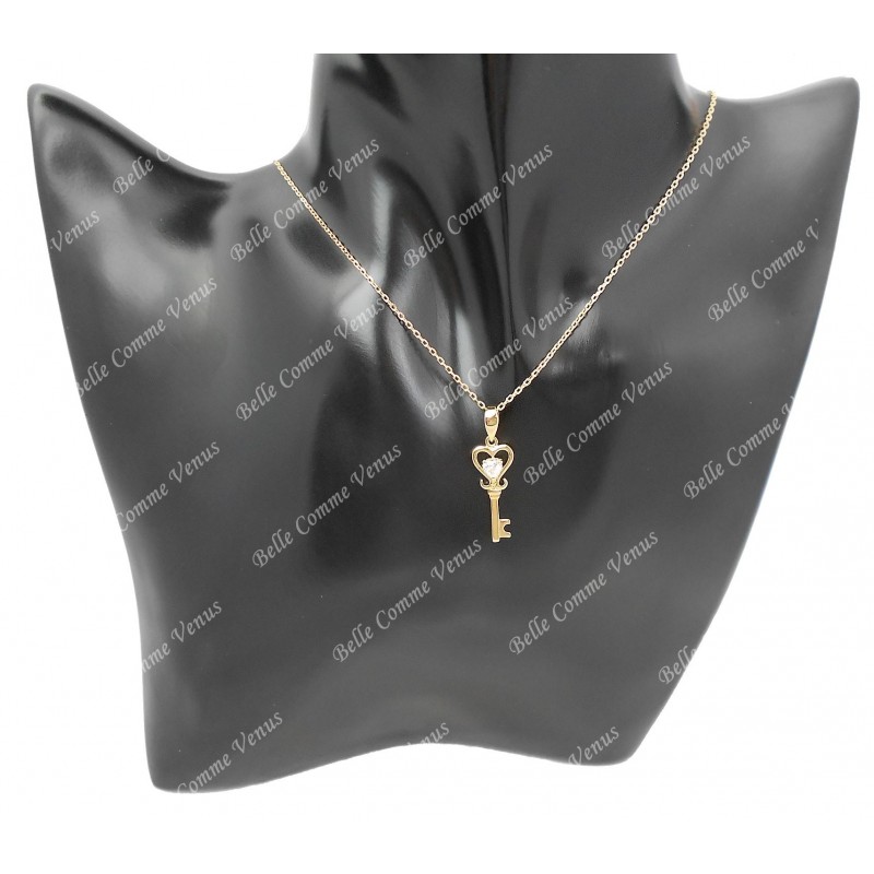Collier clé coeur d'oxyde de zirconium Plaqué OR 750 3 microns