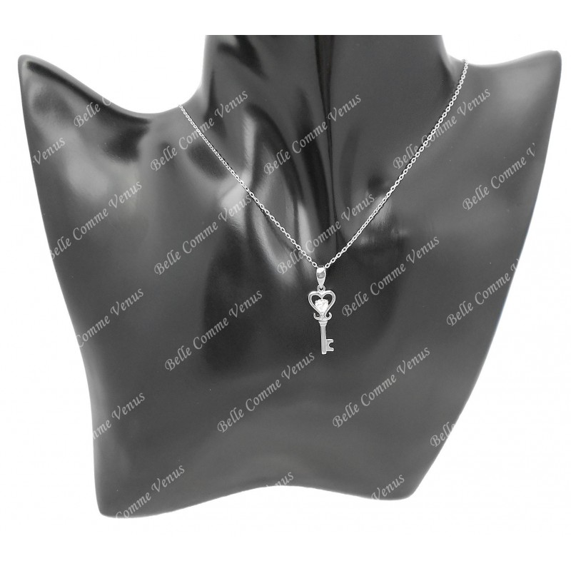 Collier clé coeur d'oxyde de zirconium Argent 925 Rhodié
