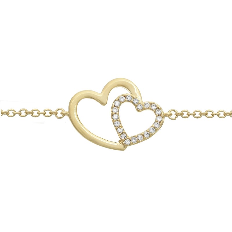 Bracelet 2 coeurs sertis oxyde de zirconium Plaqué OR 750 3 microns