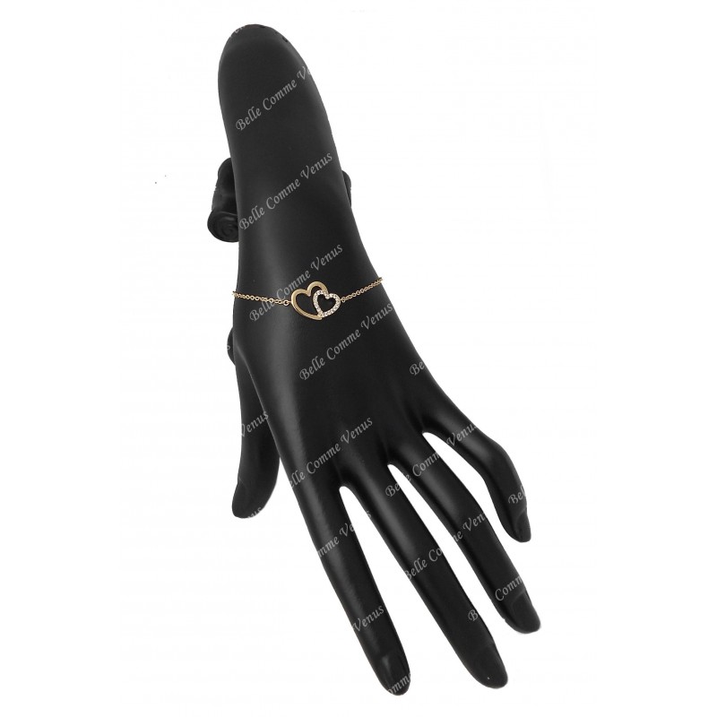 Bracelet 2 coeurs sertis oxyde de zirconium Plaqué OR 750 3 microns