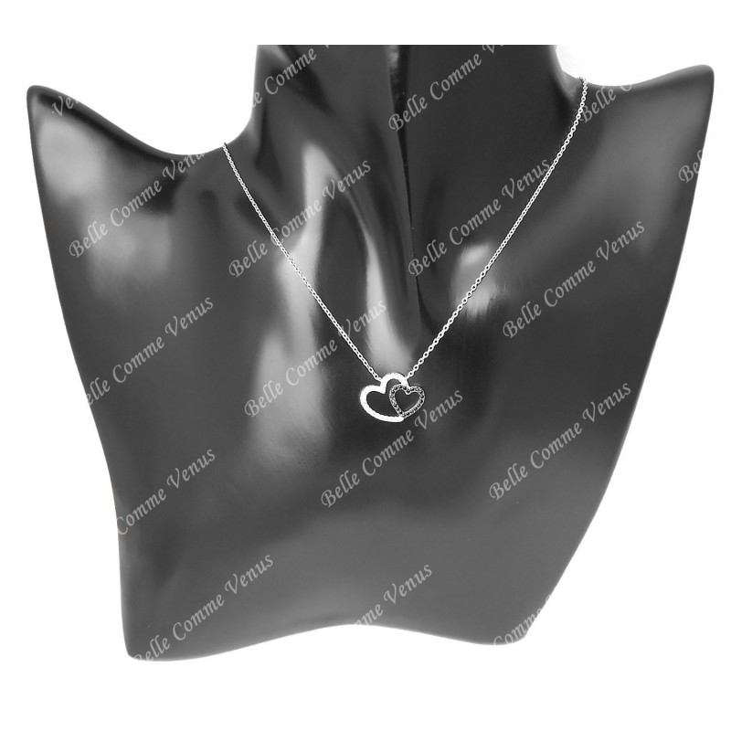 Collier 2 coeurs oxyde de zirconium blancs et noirs Argent 925 Rhodié