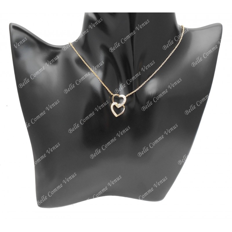 Collier 2 coeurs superposés sertis d'oxyde de zirconium Plaqué OR 750 3 microns