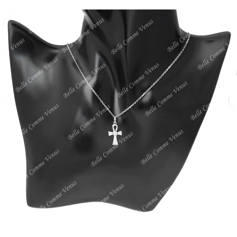 Collier croix égyptienne Ankh croix de vie oxyde de zirconium Argent 925 Rhodié