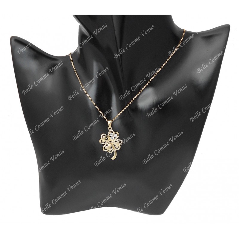 Collier porte-bonheur trèfle de coeurs oxyde de zirconium Plaqué OR 750 3 microns