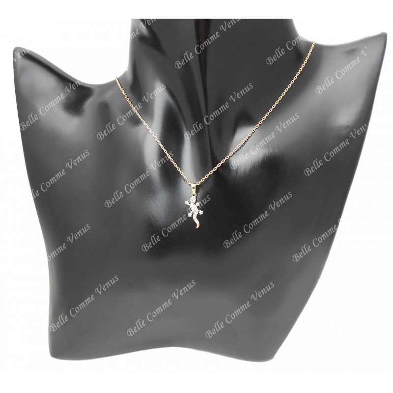 Collier salamandre lézard serti d'oxyde de zirconium Plaqué OR 750 3 microns