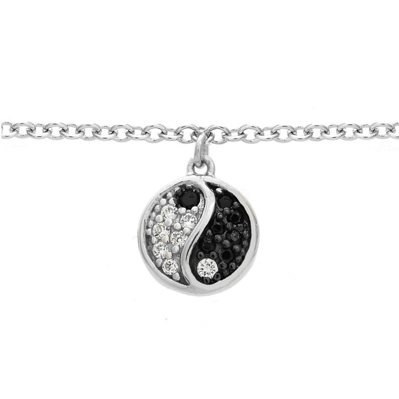 Chaîne de cheville yin yang serti d'oxyde de zirconium blancs et noirs Argent 925 Rhodié