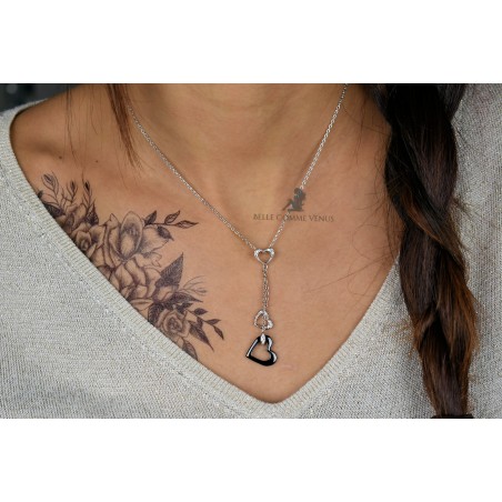 Collier 3 coeurs oxyde de zirconium et céramique noire Argent 925 Rhodié
