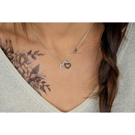 Collier 2 coeurs oxyde de zirconium blancs et noirs Argent 925 Rhodié