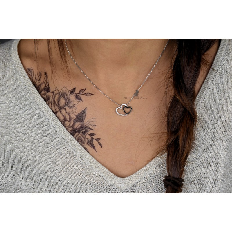 Collier 2 coeurs oxyde de zirconium blancs et noirs Argent 925 Rhodié