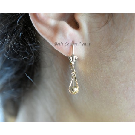 Boucles d'oreilles dormeuses boule pendante Plaqué OR 750 3 microns