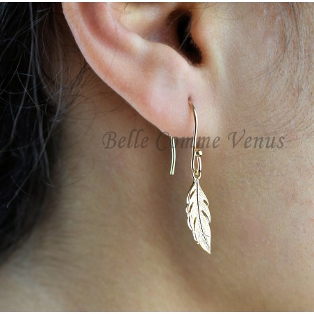 Boucles d'oreilles pendantes plume Plaqué OR 750 3 microns