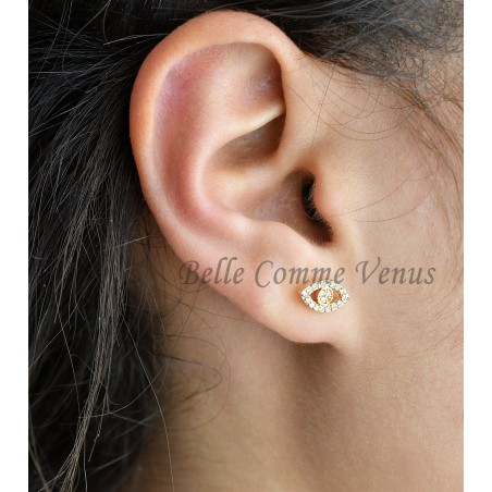 Boucles d'oreilles oeil symbole serti d'oxyde de zirconium Plaqué or 750 3 microns