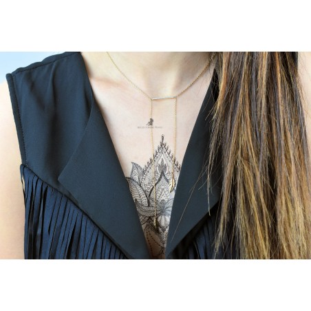 Collier 2 plumes pendantes barre sertie d'oxyde de zirconium Plaqué OR 750 3 microns 2 tons