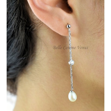 Boucles d'oreilles perle d'eau douce et oxyde de zirconium 2 chaînes pendantes Argent 925 Rhodié