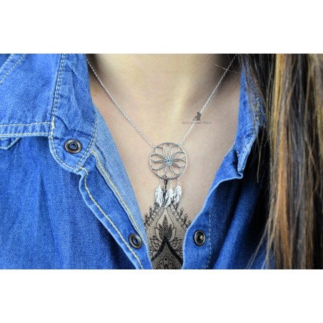 Collier attrape-rêves cercle soleil plumes pendantes Argent 925 Rhodié