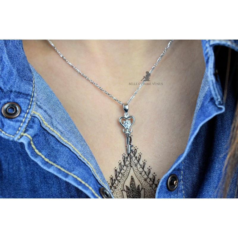 Collier clé coeur d'oxyde de zirconium Argent 925 Rhodié