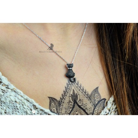 Collier chat serti d'oxyde de zirconium noirs Argent 925 Rhodié