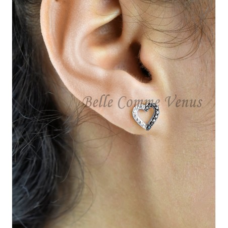 Boucles d'oreilles coeur serti d'oxyde de zirconium blancs et noirs Argent 925 Rhodié
