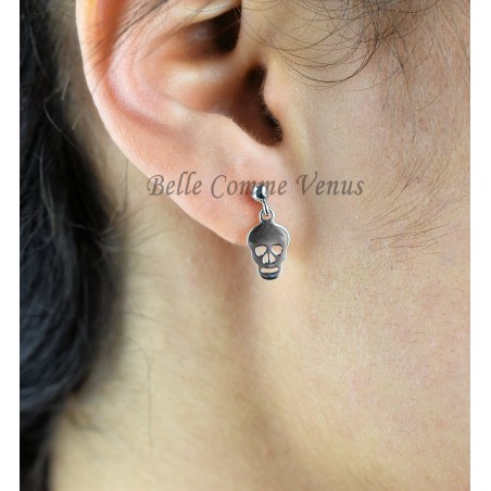 Boucles d'oreilles tête de mort pendante Argent 925 Rhodié