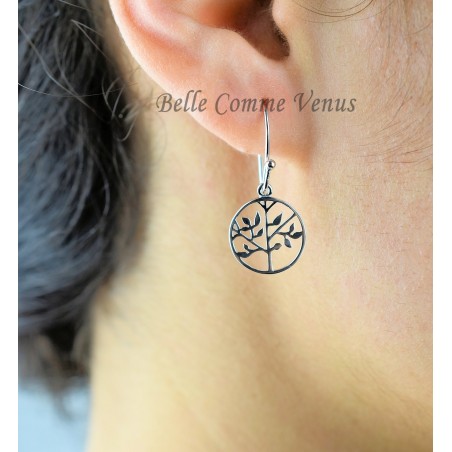 Boucles d'oreilles arbre de vie dans un cercle Argent 925 Rhodié