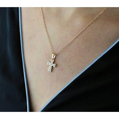 Collier croix sertie d'oxyde de zirconium Plaqué OR 750 3 microns