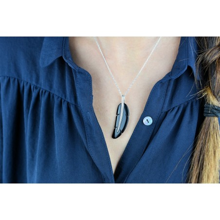 Collier plume pierre onyx Argent 925 Rhodié