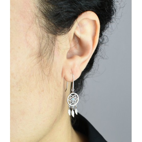 Boucles d'oreilles attrape-rêve perle bleu turquoise pendantes Argent 925 Rhodié