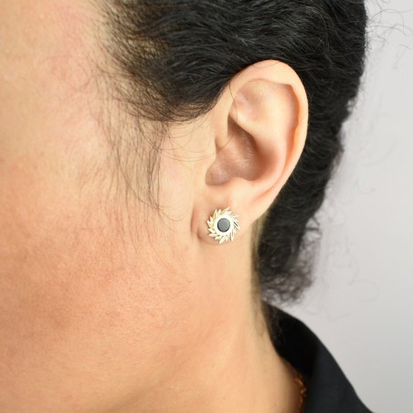 Boucles d'oreilles soleil pierre Agate centrale Plaqué or 750 3 microns