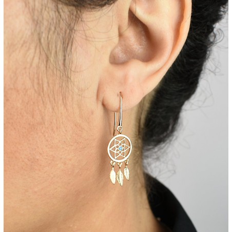 Boucles d'oreilles attrape-rêve perle bleu turquoise pendantes Plaqué OR 750 3 microns