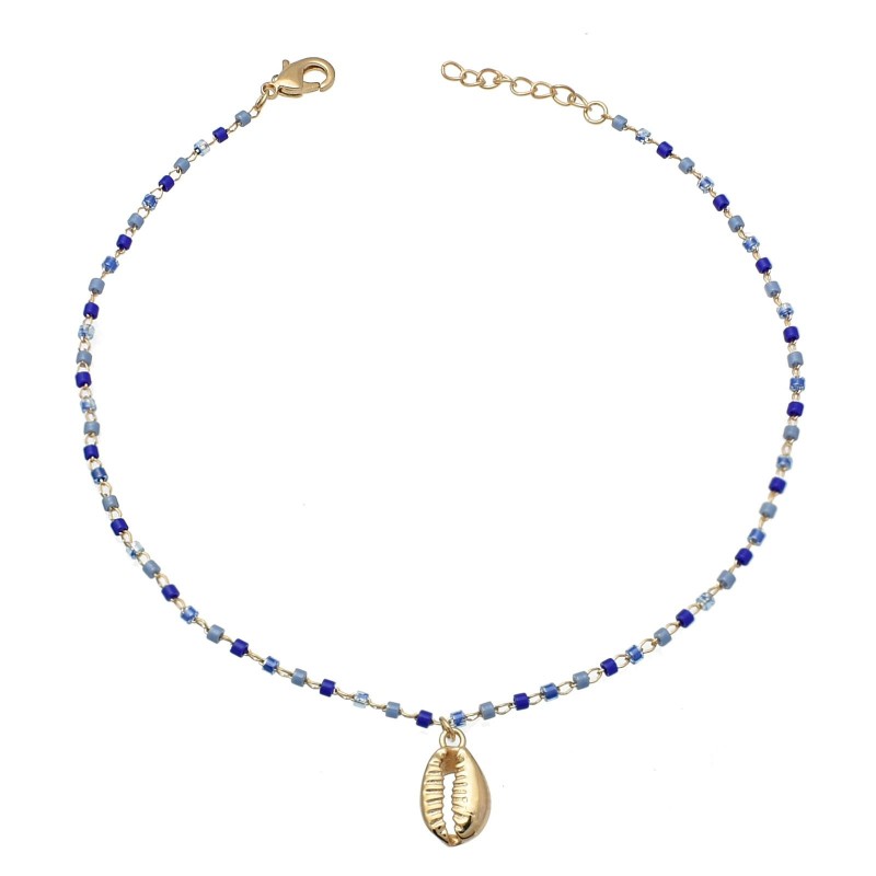 Chaîne de cheville coquillage cauri pendant perles Miyuki dégradé de bleu Plaqué OR 750 3 microns