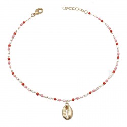Chaîne de cheville coquillage cauri pendant perles Miyuki rouges roses et blanches Plaqué OR 750 3 microns