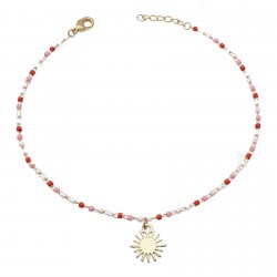 Chaîne de cheville soleil pendant perles Miyuki rouges roses et blanches Plaqué OR 750 3 microns