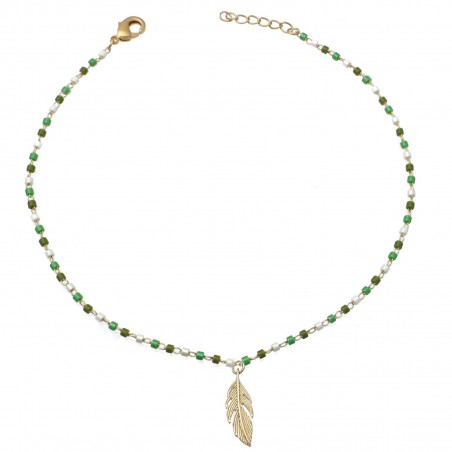 Chaîne de cheville plume pendante perles Miyuki dégradé de vert Plaqué OR 750 3 microns