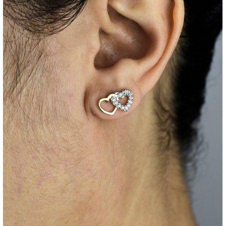 Boucles d'oreilles 2 coeurs enlacés oxyde de zirconium Plaqué OR 750 3 microns 2 tons