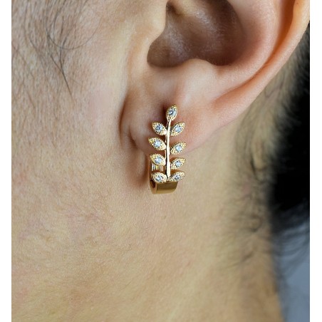 Boucles d'oreilles créole feuille de laurier serti d'oxydes de zirconium Plaqué or 750 3 microns