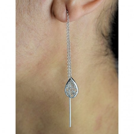 Boucles d'oreilles traversantes goutte arabesque tombante avec chaînette Argent 925 Rhodié