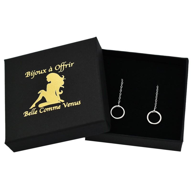 Boucles d'oreilles traversantes cercle tombant avec chaînette Argent 925 Rhodié